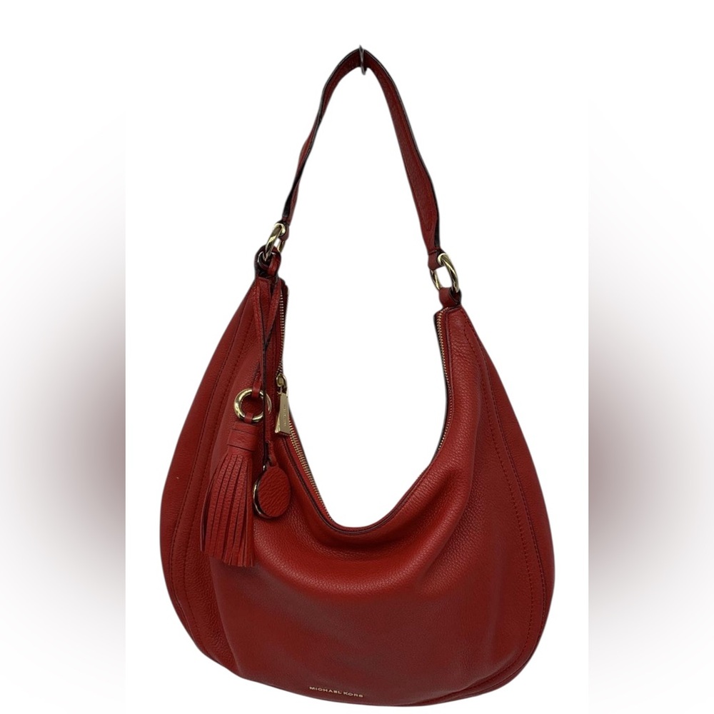 Michael Kors Lydia Large Red Pebbled Leather Hobo Shoulder Bag Tassel